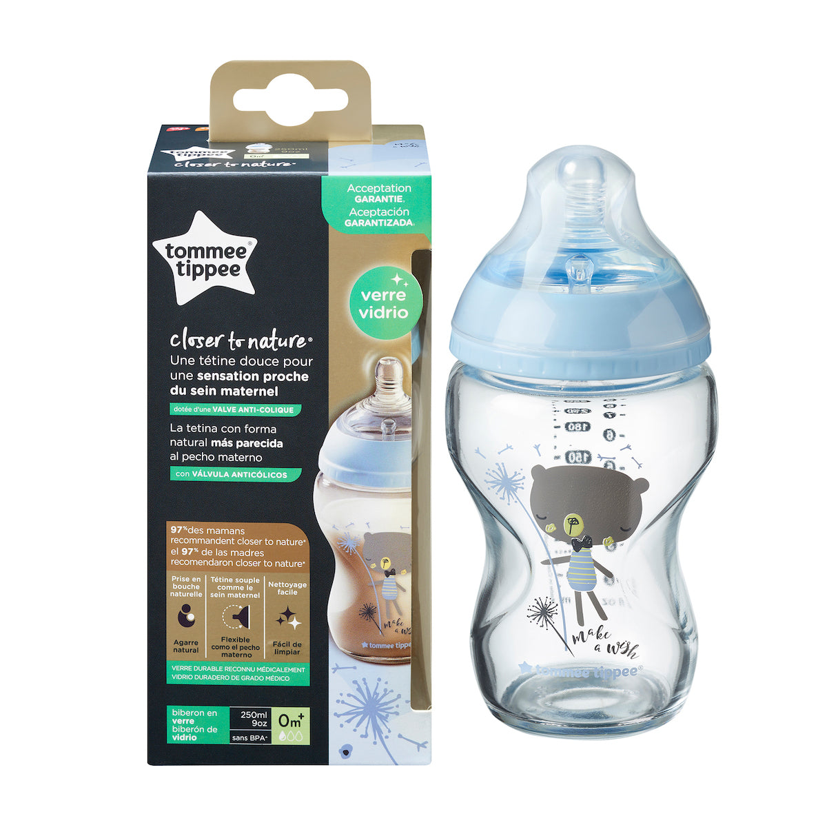 Tommee Tippee Closer To Nature Γυάλινο Μπιμπερό Με Θηλή Σιλικόνης Κατά Των Κολικών 0m+ 1 Τεμάχιο 250ml (42270710)