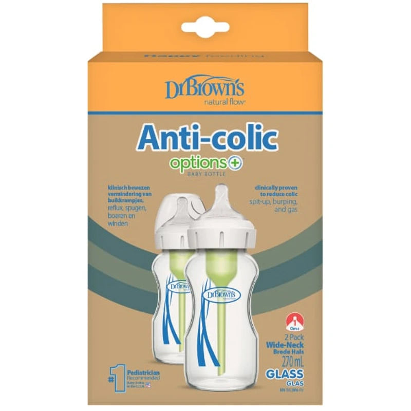 Dr. Brown's Γυάλινα Μπιμπερό Anti-Colic Options+ Wide Neck 2x270ml Συσκευασία
