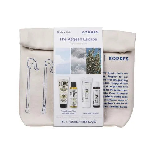 Σετ Korres The Aegean Escape - Εμπρόσθια όψη με τσαντάκι ταξιδίου και προϊόντα σώματος και μαλλιών