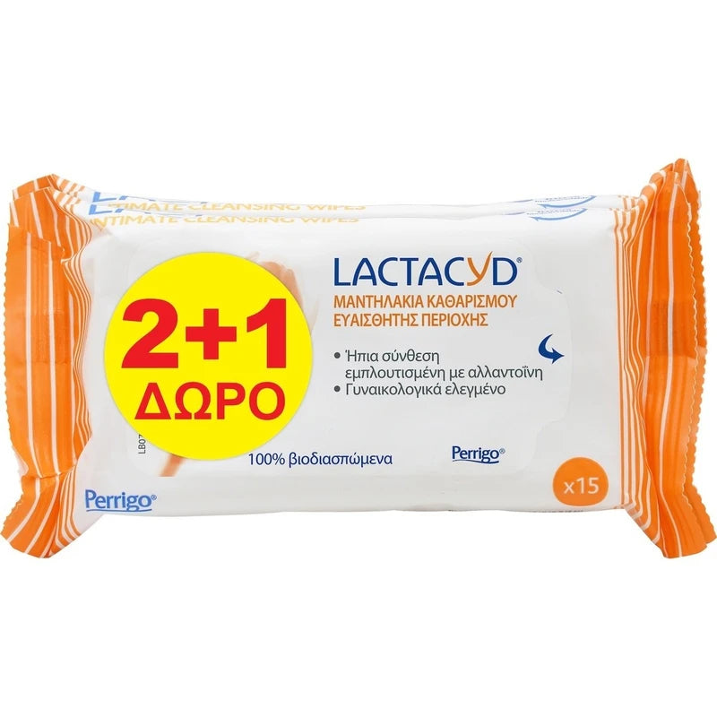 Lactacyd Μαντηλάκια Καθαρισμού Ευαίσθητης Περιοχής 15τμχ Προσφορά 2+1 Δώρο