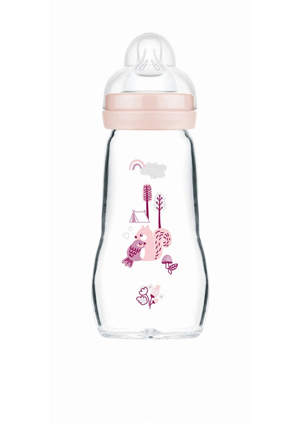 MAM Feel Good Γυάλινο Μπιμπερό 260ml Ροζ με Σχέδιο Σκιουράκι – Από 0 Μηνών