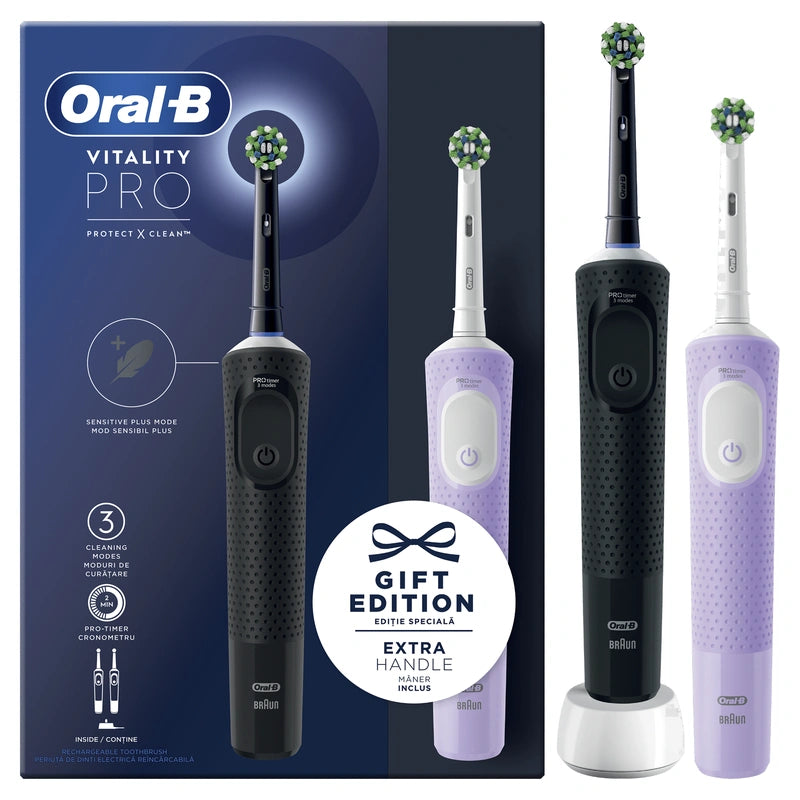 Oral-B Vitality PRO Διπλό Σετ Ηλεκτρικές Οδοντόβουρτσες Gift Edition με μαύρη και λιλά λαβή