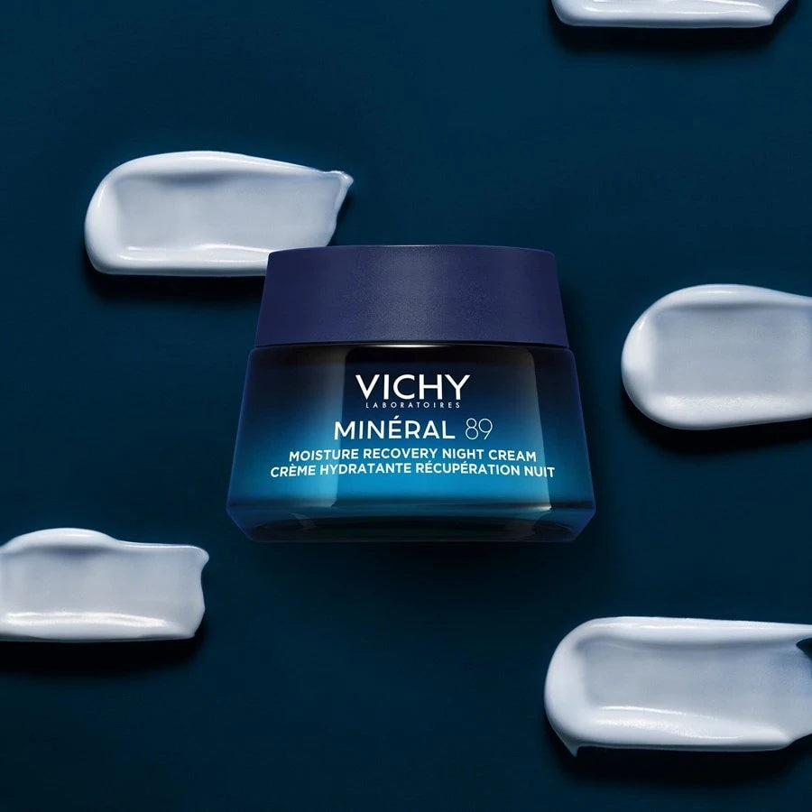 Vichy Minéral 89 Night Cream - παρουσίαση συσκευασίας με υφή
