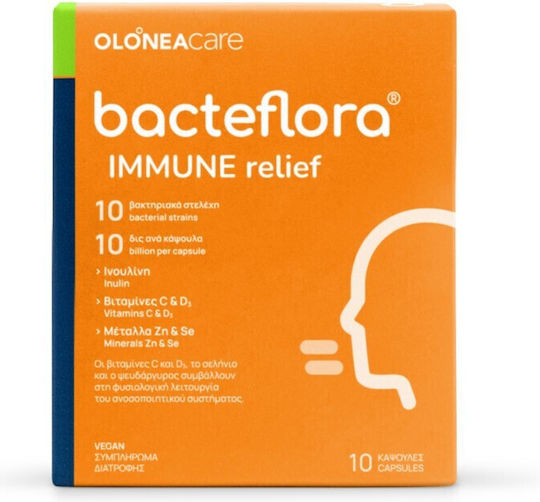 Olonea Bacteflora Immune Relief για την Άμυνα του Οργανισμού με Προβιοτικά Βιταμίνες D3 & C Σελήνιο & Ψευδάργυρο 10 κάψουλες