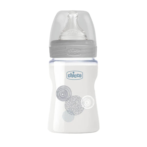 Chicco Γυάλινο Μπιμπερό Με Θηλή Σιλικόνης Well Being Unisex 150ml 0m+ Grey Circles