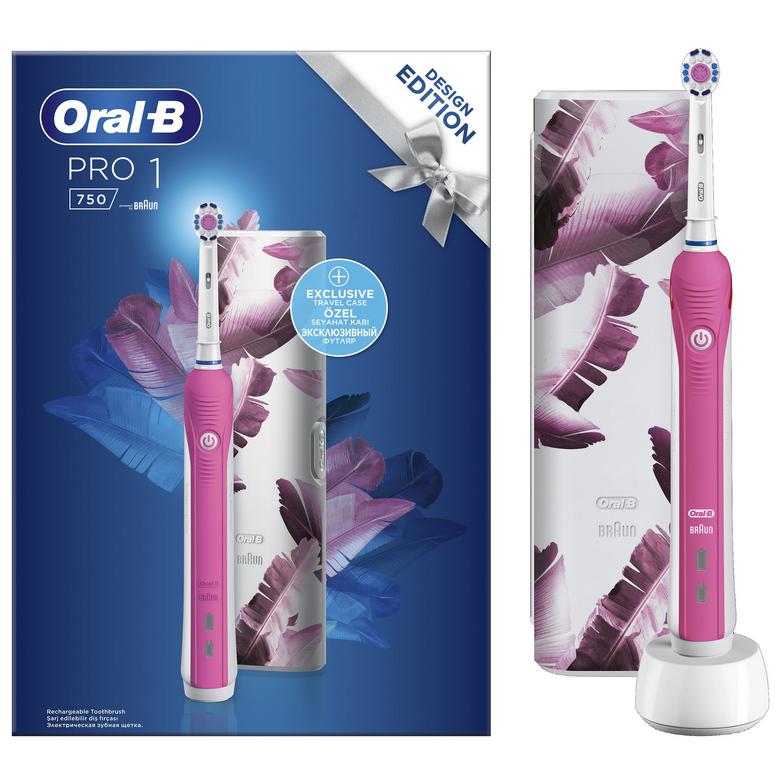Oral-B Pro1 750 Cross Action Pink Design Edition Ηλεκτρική Οδοντόβουρτσα Με Δώρο Θήκη Ταξιδιού