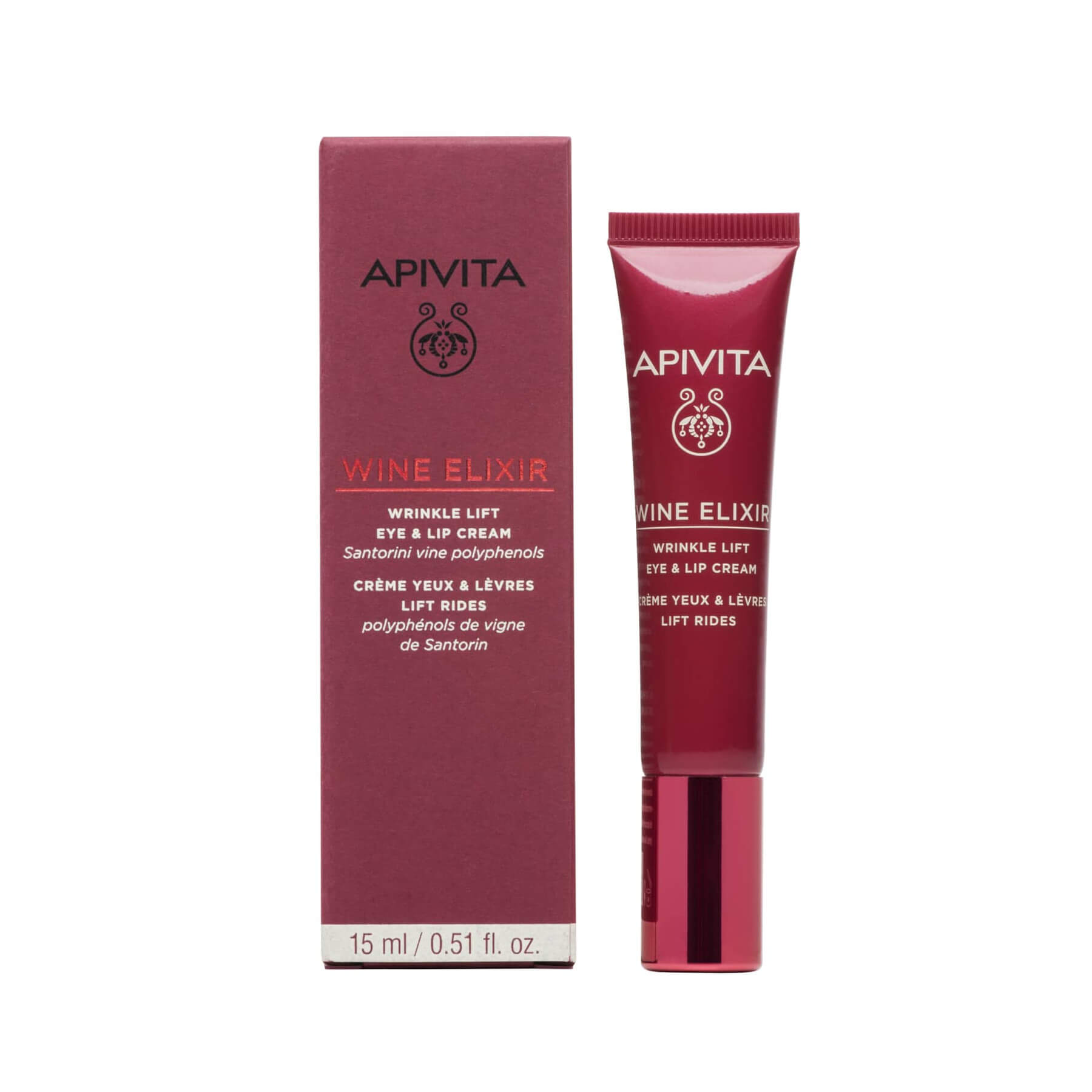Apivita Wine Elixir Αντιρυτιδική Κρέμα Lifting για τα Μάτια & τα Χείλη 15mL - Συσκευασία και προϊόν