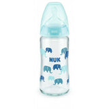 NUK First Choice Plus Glass Γυάλινο Μπιμπερό Με Δείκτη Ελέγχου Θερμοκρασίας Με Θηλή Σιλικόνης 0-6 Μηνών 240ml Σιελ Ελεφαντάκια