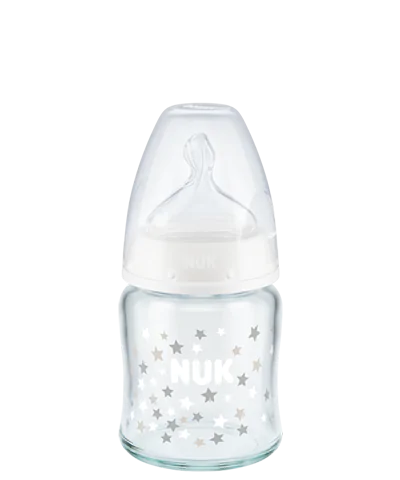NUK First Choice Plus Glass Γυάλινο Μπιμπερό Με Δείκτη Ελέγχου Θερμοκρασίας Με Θηλή Σιλικόνης 0-6 Μηνών 120ml Λευκό Αστεράκια