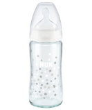 NUK First Choice Plus Glass Γυάλινο Μπιμπερό Με Δείκτη Ελέγχου Θερμοκρασίας Με Θηλή Σιλικόνης 0-6 Μηνών 240ml Λευκό Αστεράκια