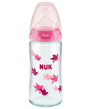 NUK First Choice Plus Glass Γυάλινο Μπιμπερό Με Δείκτη Ελέγχου Θερμοκρασίας Με Θηλή Σιλικόνης 0-6 Μηνών 240ml Ροζ Πουλάκια