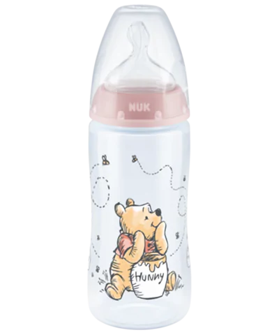 Nuk Disney Winnie the Pooh First Choice Plus Μπιμπερό 300ml Με Δείκτη Ελέγχου Θερμοκρασίας Θηλή Σιλικόνης 0-6 Μηνών Ροζ