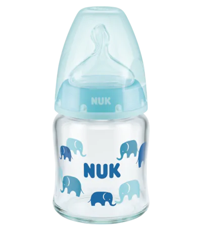 NUK First Choice Plus Glass Γυάλινο Μπιμπερό Με Δείκτη Ελέγχου Θερμοκρασίας Με Θηλή Σιλικόνης 0-6 Μηνών 120ml Σιελ Ελεφαντάκια