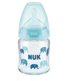 NUK First Choice Plus Glass Γυάλινο Μπιμπερό Με Δείκτη Ελέγχου Θερμοκρασίας Με Θηλή Σιλικόνης 0-6 Μηνών 120ml Σιελ Ελεφαντάκια