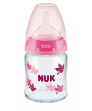 NUK First Choice Plus Glass Γυάλινο Μπιμπερό Με Δείκτη Ελέγχου Θερμοκρασίας Με Θηλή Σιλικόνης 0-6 Μηνών 120ml Ροζ Πουλάκια